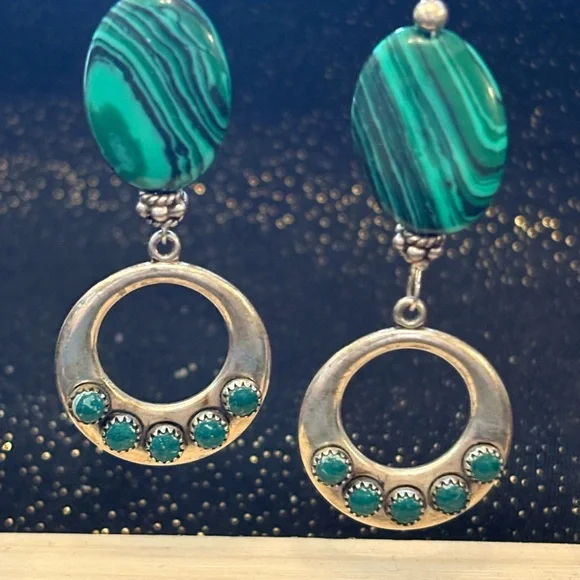 Malachite and Silver Dangle Earrings - Picture 2 of 2